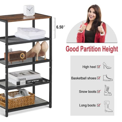 5 Tier Narrow Shoe Rack Shelf for Front Door Entrance, Entryway, and Closet Shoe Organizer with 4 Sturdy Metal Mesh Shelves and Wooden Top, Holds 10 Pairs, Ideal for Shoe Storage or Display - size: 17"D x 10.24"W x 30.7"H