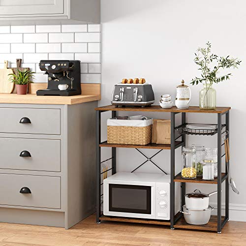 VASAGLE Baker's Rack, Coffee Bar Stand with Charging Station, 33 Inches Tall, Storage Shelves, Pull-Out Wire Basket, Table for Microwave, Kitchen, Rustic Brown and Ink Black UKKS90X - color: Rustic Brown + Ink Black, style: No Power Outlet