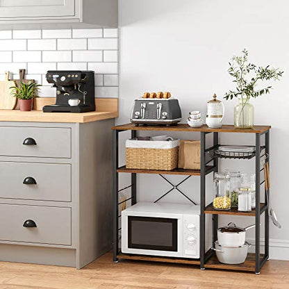 VASAGLE Baker's Rack, Coffee Bar Stand with Charging Station, 33 Inches Tall, Storage Shelves, Pull-Out Wire Basket, Table for Microwave, Kitchen, Rustic Brown and Ink Black UKKS90X - color: Rustic Brown + Ink Black, style: No Power Outlet