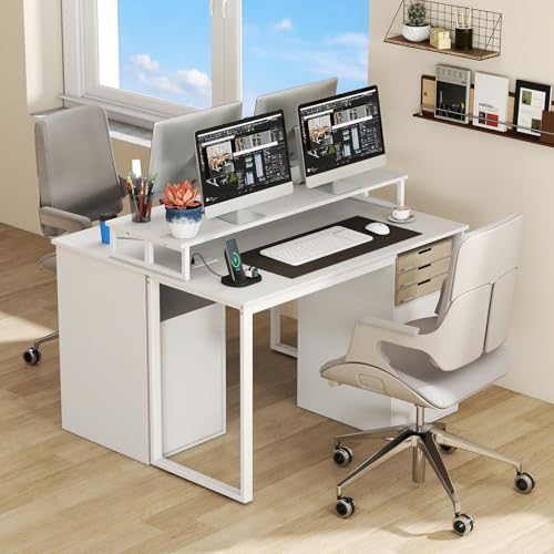 Giantex 48 Inch Computer Desk with Power Outlets & File Drawer, Home Office Desk with Monitor Stand, Gaming Desk with Storage Shelf, Modern Study Work Writing Table for Bedroom, Small Spaces, White