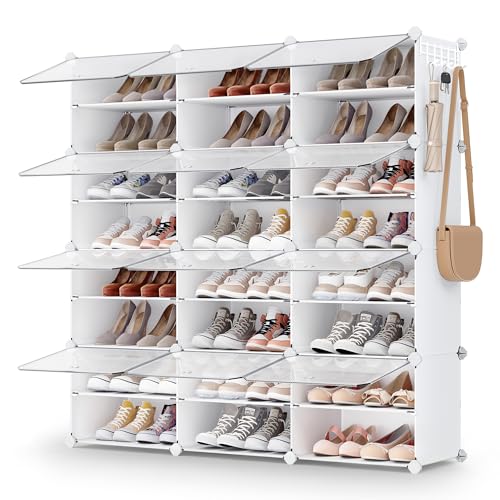 SONGMICS Shoe Rack Organizer, 12-Tier Shoe Storage Cabinet for Closet and Entryway, Holds 48 Pairs of Shoes, Adjustable, Cloud White and Transparent ULPC040W01 - color: Cloud White + Transparent, size: 12 Cubes