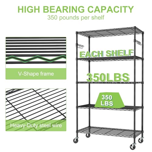 5 Tier Wire Metal Shelving Rack Garage Storage Rolling Shelves with Wheels | Heavy Duty Adjustable Industrial Shelve Steel Sturdy Utility Shelving for Kitchen Garage Pantry Bathroom Laundry - size: 5-Tier Metal Shelf（36L x 14W x 75H）