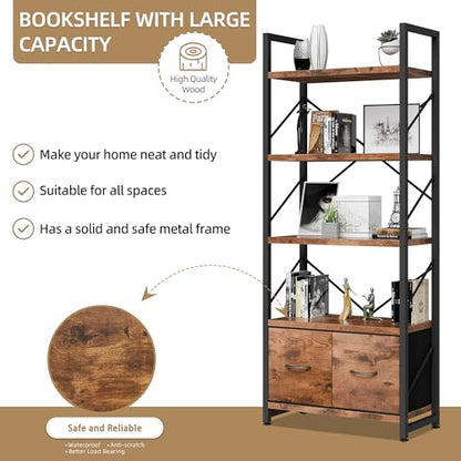 Vongrasig 5 Tier Bookshelf with 2 Drawers, Industrial Tall Bookcase, Modern Display Bookshelves Wood and Metal Shelf, Free Standing Storage Organizer for Office, Living Room, Brown - color: Brown With Drawers