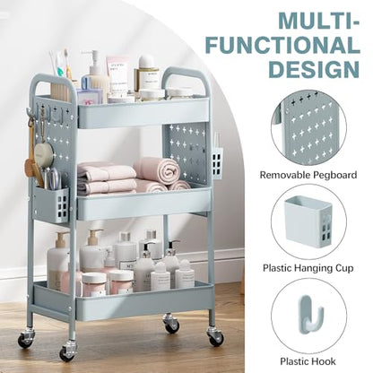 KINGRACK 3 Tier Rolling Cart with DIY Hanging Board, Metal Rolling Utility Cart with Wheels Handles Baskets Hooks, Rolling Storage Cart Suitable for Bathroom, Kitchen, Office, Nursery Diaper (Green) - color: Light Green