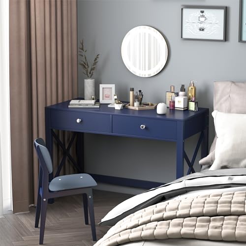 WiberWi Home Office Desk with Drawers, Modern Writing Computer Desk for Bedroom, Small Makeup Vanity Table Study Table for Home Office,Navy - color: Navy