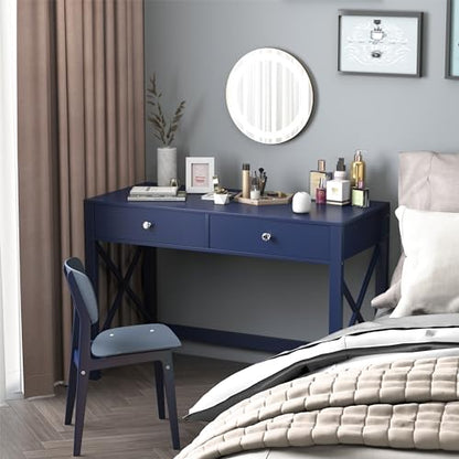 WiberWi Home Office Desk with Drawers, Modern Writing Computer Desk for Bedroom, Small Makeup Vanity Table Study Table for Home Office,Navy - color: Navy