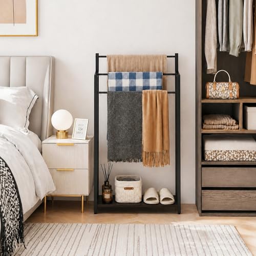 16.9" W Freestanding Towel Rack with Black Wood Shelf | 3 Tier Blanket Ladder Stand for Bathroom Living Room, Metal Frame,31.5"H x 16.9"W x7.9"D - color: Black, size: 31.5"H x 16.9"W x7.9"D