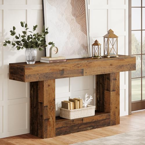 Tribesigns 63-Inch Long Console Table, 2-Tier Entryway Table Sofa Table with Storage, Farmhouse Wood Behind Couch Table for Living Room, Hallway, Rustic Mixed Brown - color: Rustic Mixed Brown