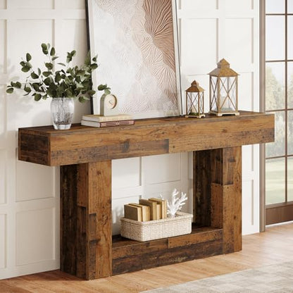 Tribesigns 63-Inch Long Console Table, 2-Tier Entryway Table Sofa Table with Storage, Farmhouse Wood Behind Couch Table for Living Room, Hallway, Rustic Mixed Brown - color: Rustic Mixed Brown