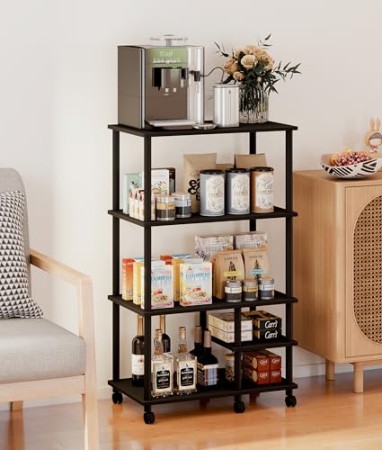 4-Tier Microwave Cart with Storage, Rolling Kitchen Cart with Wood Top, Coffee Table Standing Baker's Racks for Kitchens, Living Room, Balcony, Black - color: Black