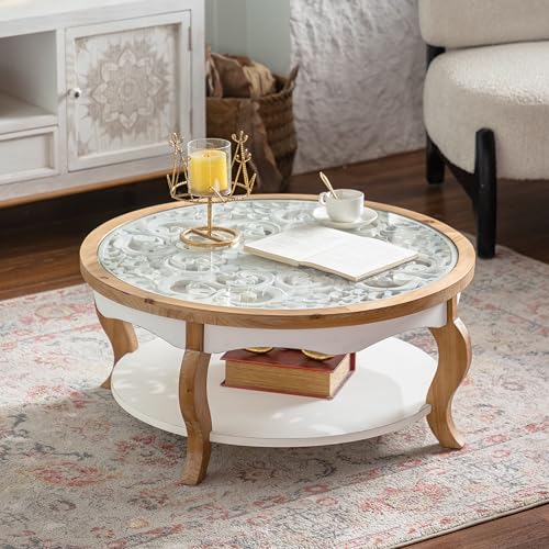 31.5'' Round Coffee Table for Living Room, Modern Countryside Farmhouse Rustic Wood Coffee Table, Curved Legs & Removable Tempered Glass Top, Natural & Wood - color: Ø31.5''-natural & White