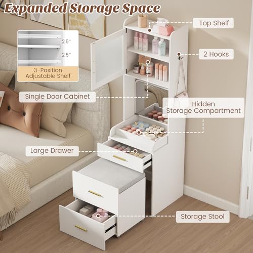 CHARMAID 3-in-1 Vanity Desk with Flip Top Mirror, Storage Stool on Wheels, Compact Makeup Vanity Table with Charging Station, Fluted Cabinet & Drawers, Tall Nightstand for Bedroom & Apartment, White