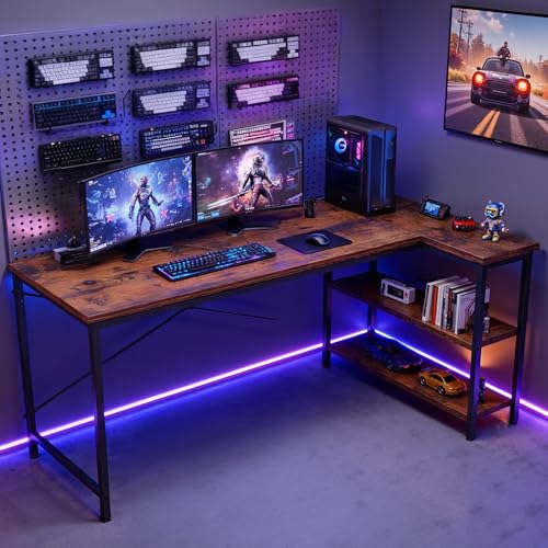 DUMOS L Shaped Computer Desk, 39" Gaming Corner Desks with Shelves | Home Office PC Table, Writing Working Study Desk with Reversible Layout, Bedroom Dorm, Rustic Brown