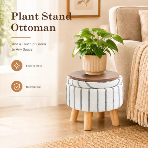 Wimarsbon Storage Ottoman, Modern Round Footrest with Soft Padded Seat, Striped Fabric Footstool with Wood Legs, Accent Small Table or Plant Stand for Hallway, Living Room (Black and White) - color: Black and White