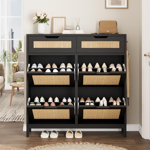 Jocoevol Rattan Shoe Cabinet for Entryway, Boho Shoe Storage Cabinet with 4 Flip Drawers and 2 Drawers, Narrow Freestanding Shoe Rack with Metal Legs for Entryway/Hallway/Foyer (Black) - color: Black