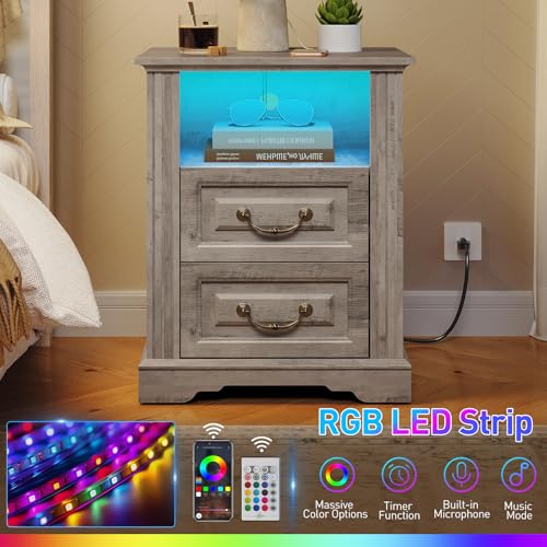 RALGEND Farmhouse Nightstand with Charging Station, Night Stand with 2 Drawers, End Tables Living Room, LED Bed Side Table with Open Shelf, End Table for Bedroom, Living Room, Greige - color: Greige
