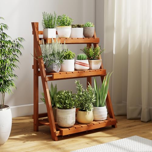 S AFSTAR 3-Tier Folding Plant Stand, Wood Ladder Flower Rack with Anti-falling Bars, Corner Storage Shelves for Book, Decorations, Potted Flower Stand Holder for Living Room, Balcony, Study, No Assembly