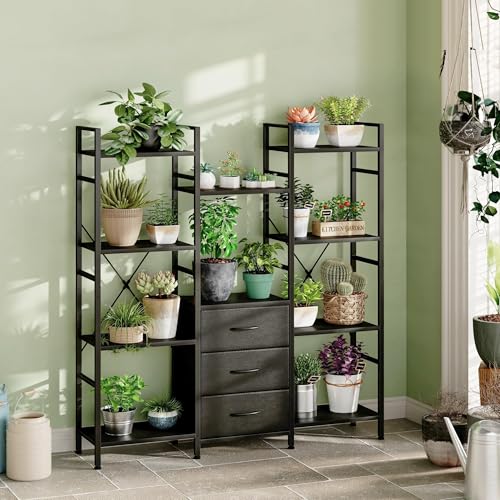 AFLUI Triple Bookshelf with 3 Fabric Drawers, 4-Tier Book Shelf and 10 Display Shelves, Industrial Large Bookcase for Home & Office, Black, 47'' Wide - color: Black, size: 4 Tier(47" W)