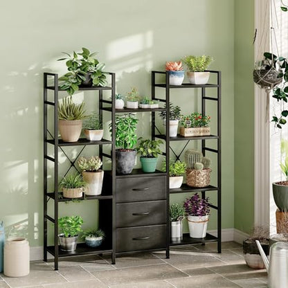AFLUI Triple Bookshelf with 3 Fabric Drawers, 4-Tier Book Shelf and 10 Display Shelves, Industrial Large Bookcase for Home & Office, Black, 47'' Wide - color: Black, size: 4 Tier(47" W)