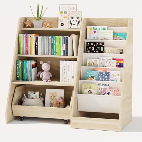 COZPAW Kids Bookshelf and Toy Storage, 4 Tier Toddler Bookshelf with Movable Drawer (Oak) - color: Oak