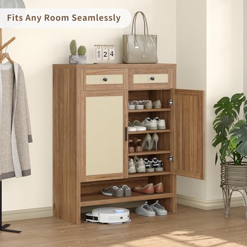 Yanosaku 46" Rattan Shoe Cabinet with 4 Adjustable Shelves & 2 Storage Drawers, Modern Boho Shoe Organizer with Large Tabletop & Open Lower Shelf, Entryway Hallway Cabinet for Shoes and Boots, Walnut