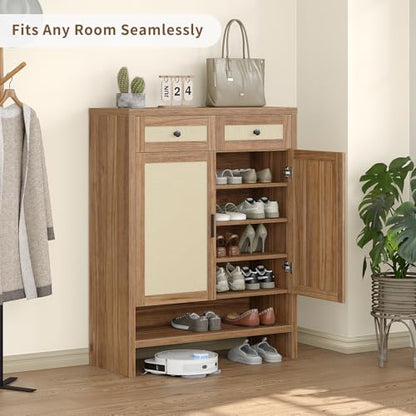 Yanosaku 46" Rattan Shoe Cabinet with 4 Adjustable Shelves & 2 Storage Drawers, Modern Boho Shoe Organizer with Large Tabletop & Open Lower Shelf, Entryway Hallway Cabinet for Shoes and Boots, Walnut