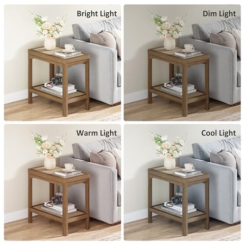 Eclatara Rattan Side Table End Table with Round Edge Design | 2 Tier Rattan Night Stand, Farmhouse Boho Bedside Tables with Ultra-Thick Legs for Bedroom Living Room(Caramel Oak,1 Piece) - color: Caramel Oak, Round Edges