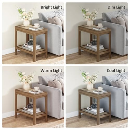 Eclatara Rattan Side Table End Table with Round Edge Design | 2 Tier Rattan Night Stand, Farmhouse Boho Bedside Tables with Ultra-Thick Legs for Bedroom Living Room(Caramel Oak,1 Piece) - color: Caramel Oak, Round Edges