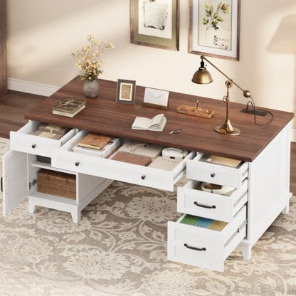 Garvee 60" Wooden Home Office Desk with File Drawers, Executive Desk with Adjustable Cabinet, Farmhouse Wood Desk with Power Outlet, Distressed Study and Work Table, Rustic White - color: Rustic White, size: 60" W