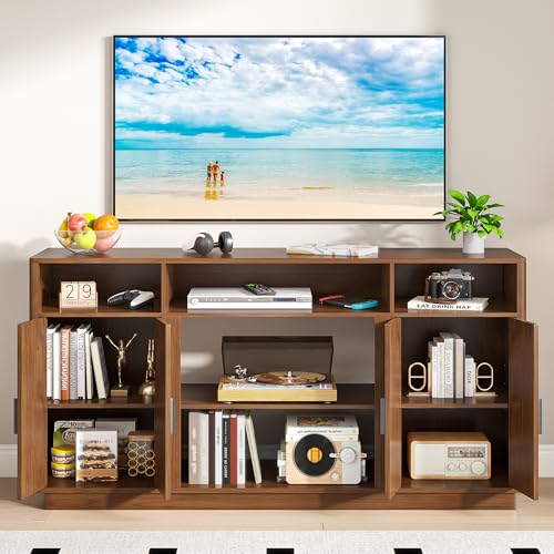 59'' Fluted TV Stands for Living Room, Modern Entertainment Center with Storage, TV Stand for TVs up to 65 Inch with Adjust Shelves, Wooden Media Console Table (Walnut, Without Fireplace) - size: Without Fireplace