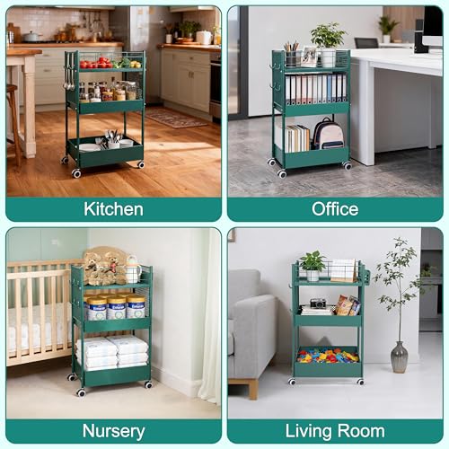 3 Tier Rolling Storage Cart Metal Utility Cart with Wheels | Office Organizer with Hooks & Hanging Cups, Mobile Shelving Unit for Kitchen Nursery Craft Snack Book - color: Emerald Green