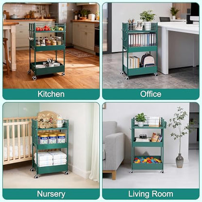 3 Tier Rolling Storage Cart Metal Utility Cart with Wheels | Office Organizer with Hooks & Hanging Cups, Mobile Shelving Unit for Kitchen Nursery Craft Snack Book - color: Emerald Green