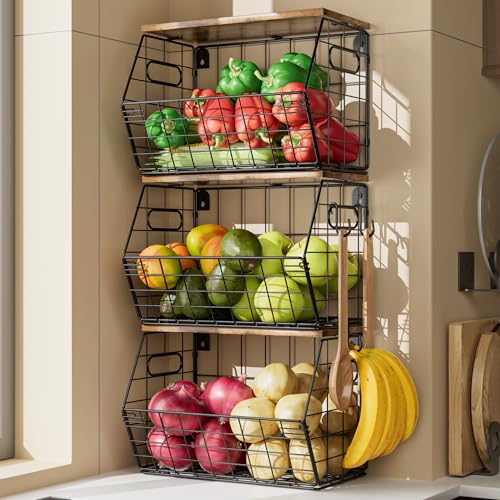 Delamu Stackable Metal Fruit Basket with Wood Lid 3 Pack, Hanging Wall Organizer for Kitchen Counter, Pantry Storage for Onions, Potatoes, Garli, Fruits, Spices, Black - size: 3 Pack