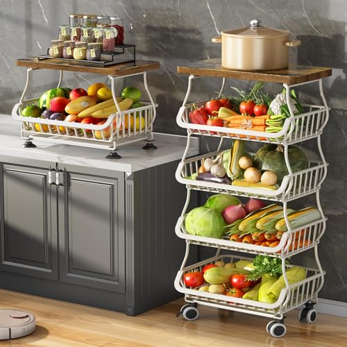 SAYZH 5-Tier Fruit and Vegetable Basket Stand for Kitchen, Wood Top, White | Stackable Vegetable Storage Baskets with Wheel, Metal Wire Storage Carts for Onion, Potato and Snacks - color: White, size: 5 Tiers