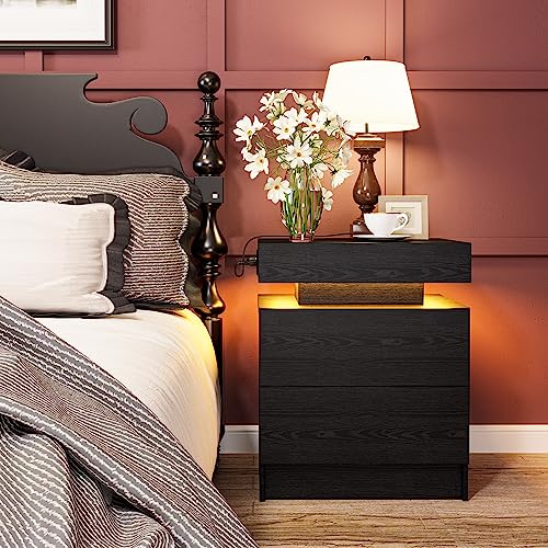 LIKIMIO Nightstand with Charging Station LED Light and 2 Drawers Black | bedside table; end table; charging station; LED light; 2 drawers; black wood grain; small spaces - color: Black