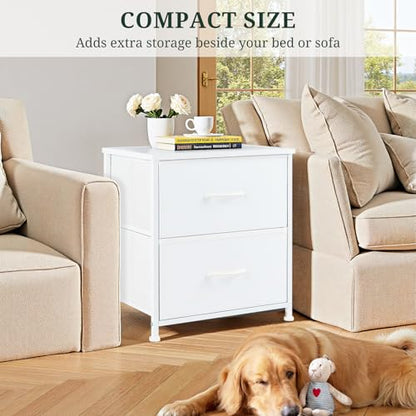 Nightstand Set of 2 Small 2 Drawer Dresser End Table Bedside Furniture | Wooden Top Fabric Bins for Bedroom, Closet, Entryway, Dorm, 11.8" D x 18" W x 20", White - color: White