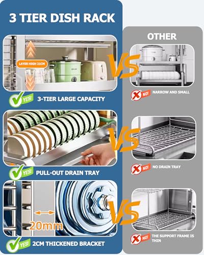 Stainless Steel Dish Drying Rack 3 Tier Dish Rack with Drainer Tray Utensil Holder and Cutting Board Holder Large Capacity Dry Rack for Dishes Kitchen Counter Silver (16.1" L x 10.6" W x 24.6" H)