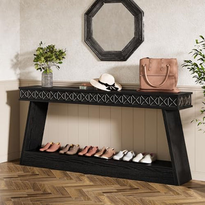 Tribesigns 70.9 Inch Long Console Table for Entryway, 2-Tier Farmhouse Entryway Table with Storage, Narrow Sofa Table Behind The Couch, Wood Accent Table for Hallway, Living Room, Foyer, Black - color: Black