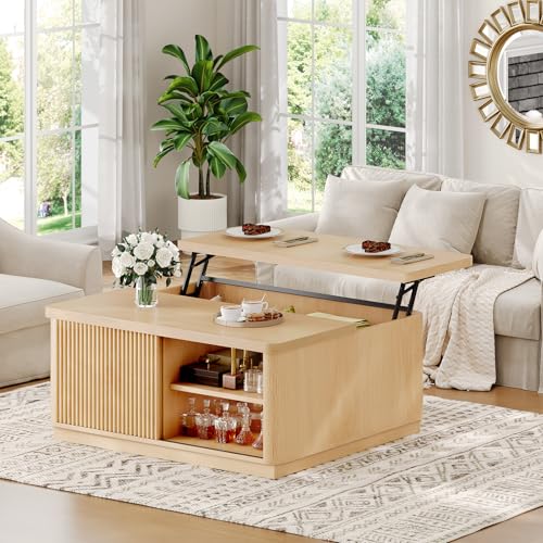 Itaar 39.4'' Lift Top Coffee Table with Storage, Fluted Coffee Tables for Living Room, Square Coffee Table with Large Hidden Compartment & 2 Drawrs & Adjustables Shelves, Oak - color: Oak
