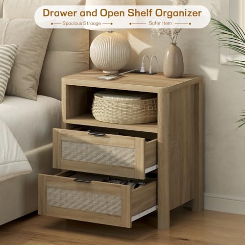 Boho Nightstand with Charging Station, Large Bedside Table with Two Drawers & Open Storage Shelf, Mid-Century Modern End Table Rattan-Look Drawer, Accent Side Table with Rounded Corners for Bedroom - size: 23.6"D x 22"W x 15.74"H(2-Drawers)
