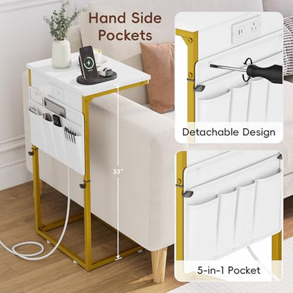 Vagusicc C-Shaped End Table with Charging Station, Small Side Table for Couch, 33" Tall C Table Adjustable Height Side Table, Couch Tables that Slide Under, Sofa Table TV Tray for Living Room, Golden - color: 1pc Golden