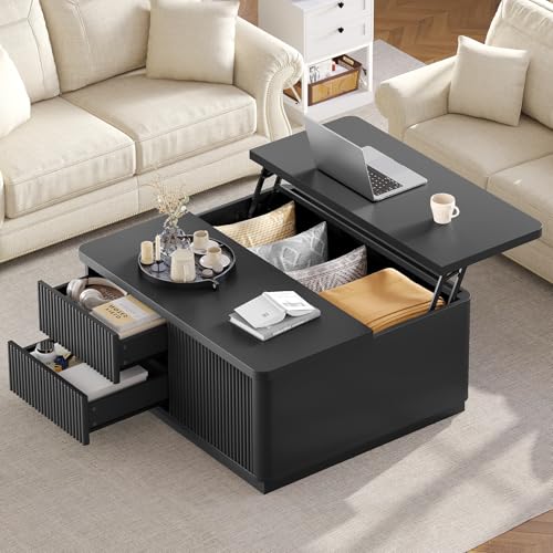 Itaar 39.4'' Lift Top Coffee Table with Storage, Fluted Coffee Tables for Living Room, Square Coffee Table with Large Hidden Compartment & 2 Drawrs & Adjustables Shelves, Black - color: Black