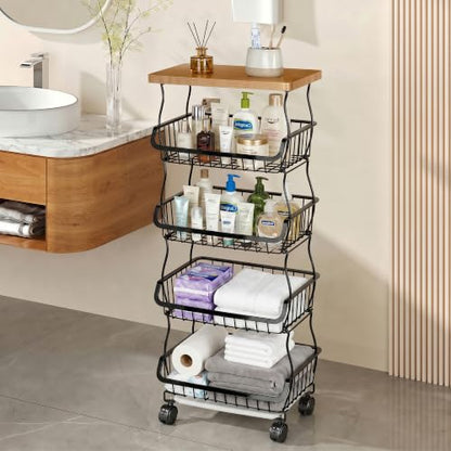 VECELO 5-Tier Fruit Basket with Wheels, Fruit and Vegetable Storage Cart for Kithchen, Stackable Produce Organizer Wire Baskets for Kitchen, Pantry, Living Room - size: 5 Tiers