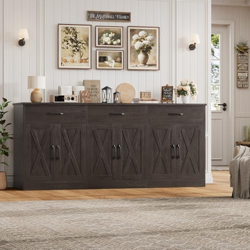 HOSTACK 71"W Farmhouse Kitchen Sideboard Buffet Cabinet with Storage, Brown | Large Coffee Bar Cabinet with 3 Wide Drawers, Long Buffet Table with Shelves, Kitchen Storage Cabinet for Dining Room - color: Dark Brown