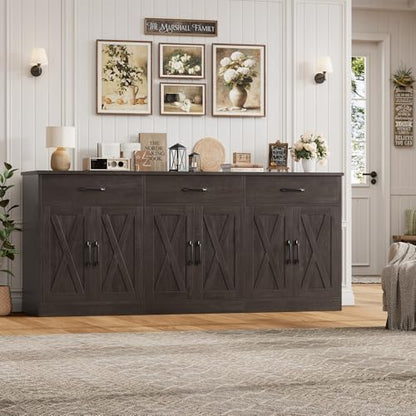 HOSTACK 71"W Farmhouse Kitchen Sideboard Buffet Cabinet with Storage, Brown | Large Coffee Bar Cabinet with 3 Wide Drawers, Long Buffet Table with Shelves, Kitchen Storage Cabinet for Dining Room - color: Dark Brown
