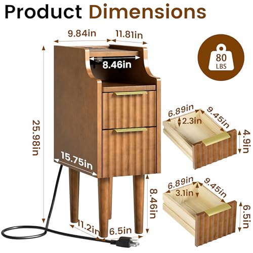 Fluted Narrow Nightstand with Charging Station, Solid Wood Night Stand with 2 Drawers, Walnut Mid Century Modern Led Nightstand, Small Beside Table with Open Storage Shelf for Bedroom （10 inch） - color: Walnut