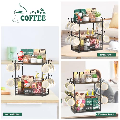 EsLuker.ly Coffee Mug Cup Holder Tree Bar Station Organizer, 2 Tier Mug Stand Rack for Countertop Kitchen, Storage Tower Display Shelf with 12 Hooks, Coffee Nook Enhancer, Brown-Black - color: Brown + Black