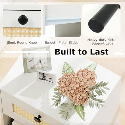 Giantex Rattan Nightstand with Drawer, Modern Bed Side Table w/ 4 Metal Legs and Open Storage Shelf, Wood Boho End Table for Small Spaces, White Night Stand for Bedroom Office - color: White