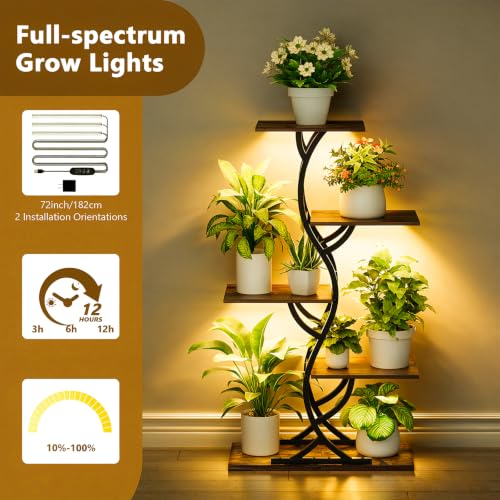 Plant Stand Indoor with Grow Lights - 5 Tiered Corner Plant Shelves (Brown) | 44" Tall Metal Plant Shelf, S-Shape Lighted Flower Holder Dispaly Rack for Living Room, Home, Patio, Balcony