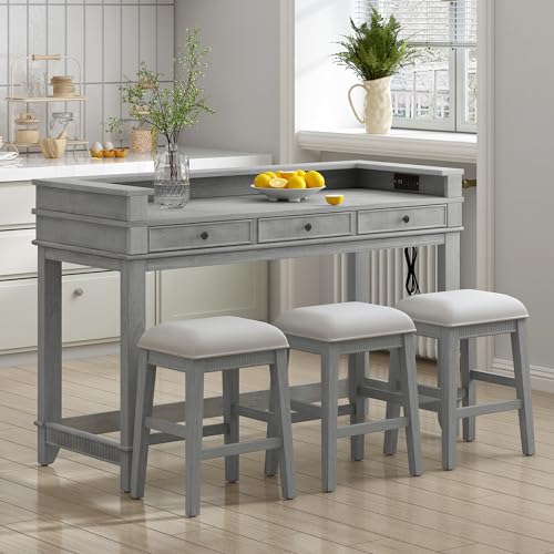 4-piece Dining Bar Table Set with 3 Upholstered Stools, Rubber Wood Counter Height Multifunctional Dining Table with 3 Drawers and USB Port, Side Table with Footrest Pub Kitchen Set (Grey-N2) - color: Grey-n2